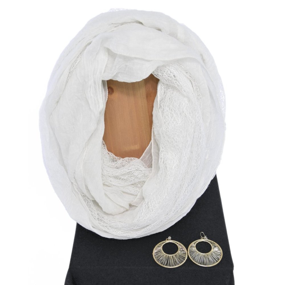 White Infinity Scarf & Gold Tone Hoop Earrings